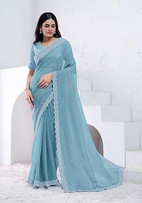 Aqua Blue Hand Embroidered Silk Saree Set