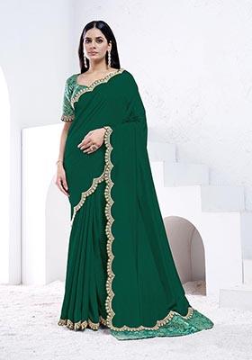 Green Hand Embroidered Crepe Silk Saree Set