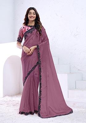 Dark Mauve Sequin Embroidered Silk Saree Set