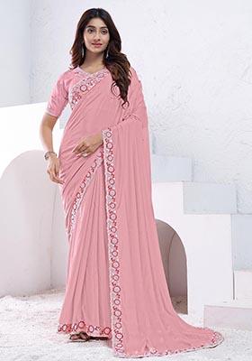 Light Pink Sequin Embroidered Crepe Silk Saree Set