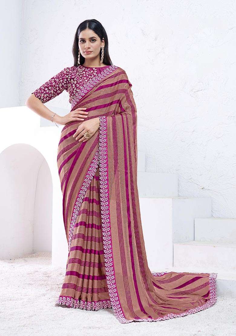 Brown And Purple Hand Embroidered Georgette Saree Set - Indya