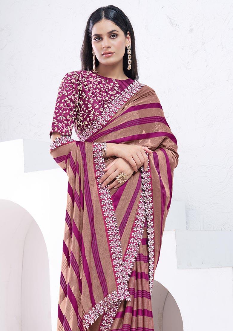 Brown And Purple Hand Embroidered Georgette Saree Set