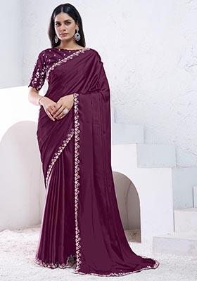 Wine Sequin Embroidered Crepe Satin Silk Saree Set