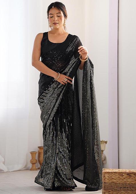 Black Sequin Embroidered Georgette Saree Set