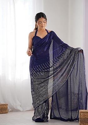 Blue Sequin Embroidered Georgette Saree Set
