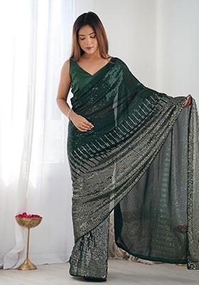 Green Sequin Embroidered Georgette Saree Set