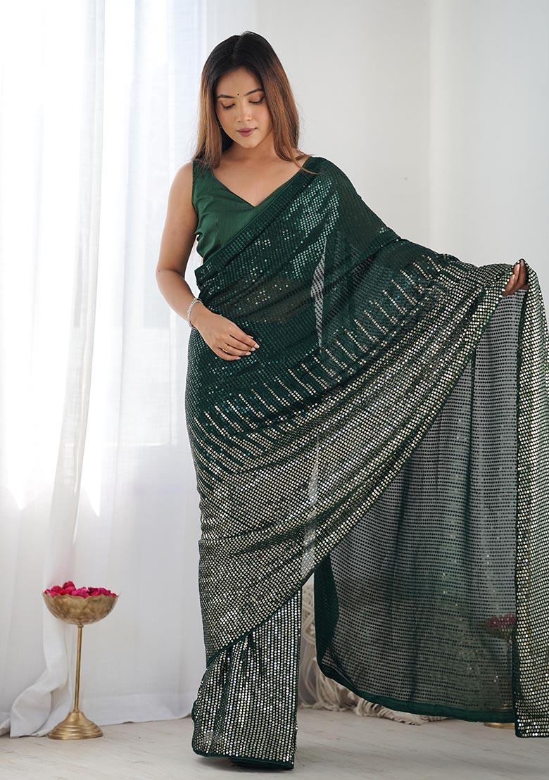 Green Sequin Embroidered Georgette Saree Set