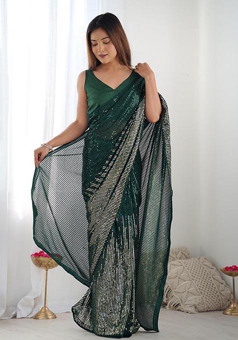 Green Sequin Embroidered Georgette Saree Set