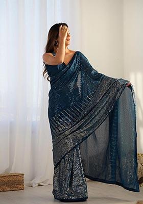 Petrol Blue Sequin Embroidered Georgette Saree Set