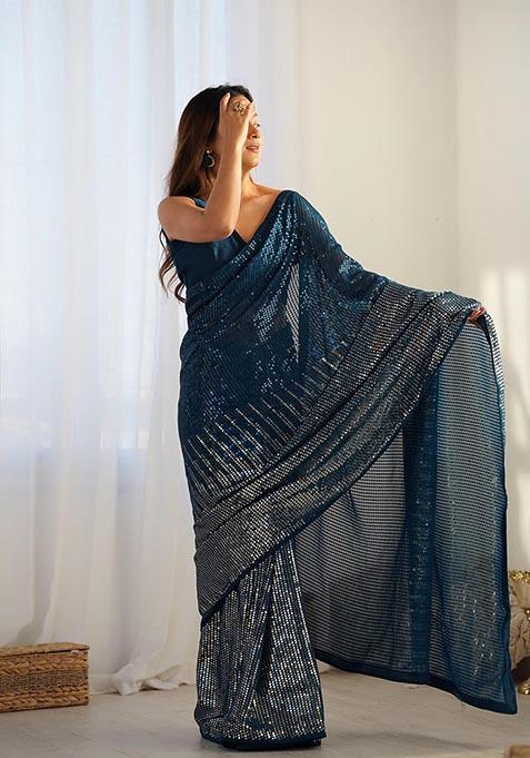 Petrol Blue Sequin Embroidered Georgette Saree Set