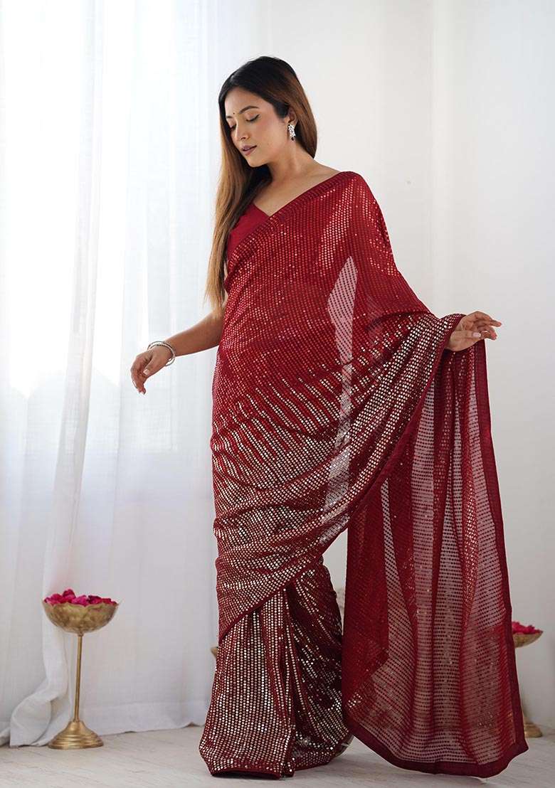 Red Sequin Embroidered Georgette Saree Set - Indya