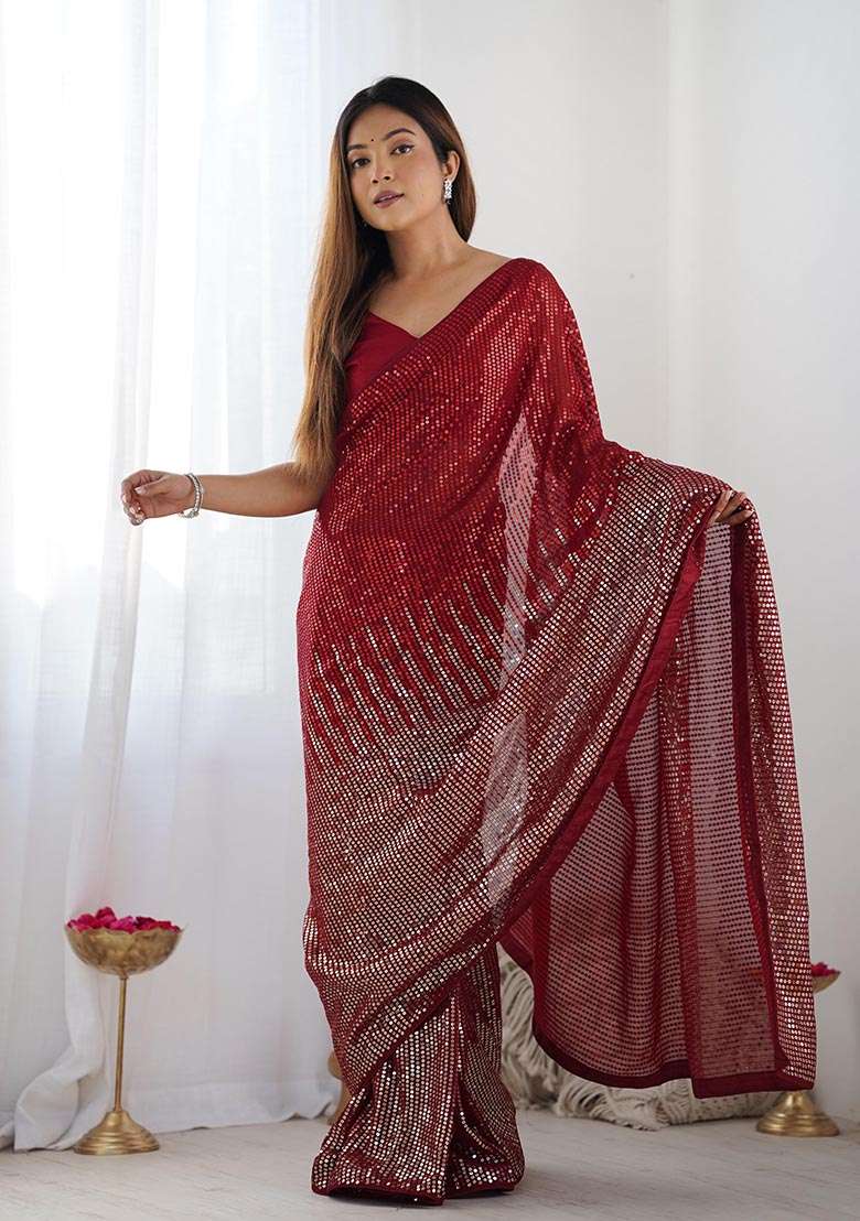 Red Sequin Embroidered Georgette Saree Set - Indya