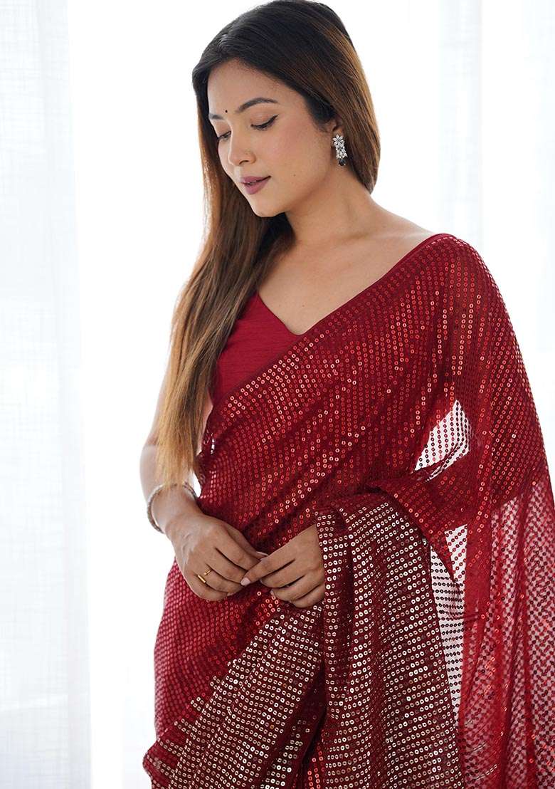 Red Sequin Embroidered Georgette Saree Set - Indya