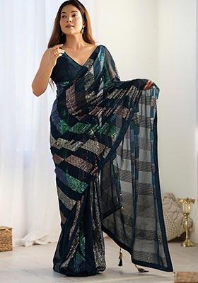 Teal Blue Sequin Embroidered Georgette Saree Set