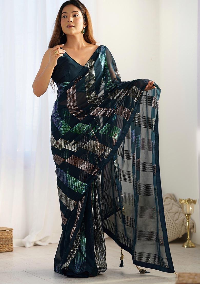 Teal Blue Sequin Embroidered Georgette Saree Set