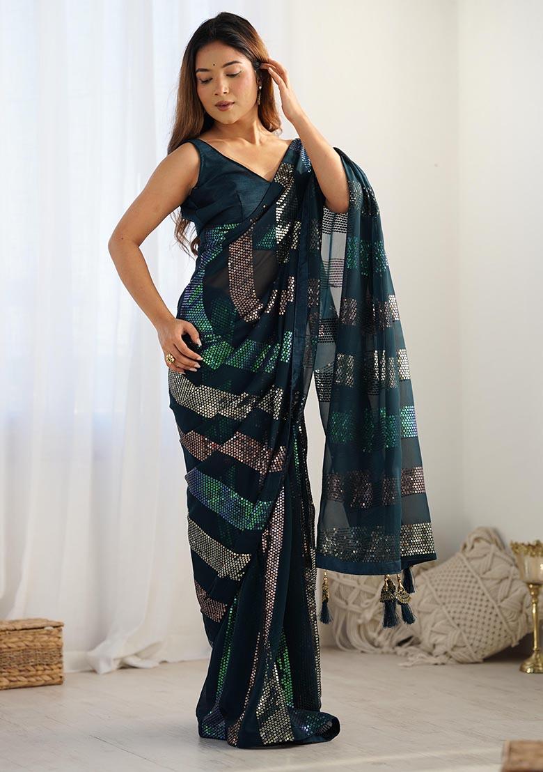 Teal Blue Sequin Embroidered Georgette Saree Set