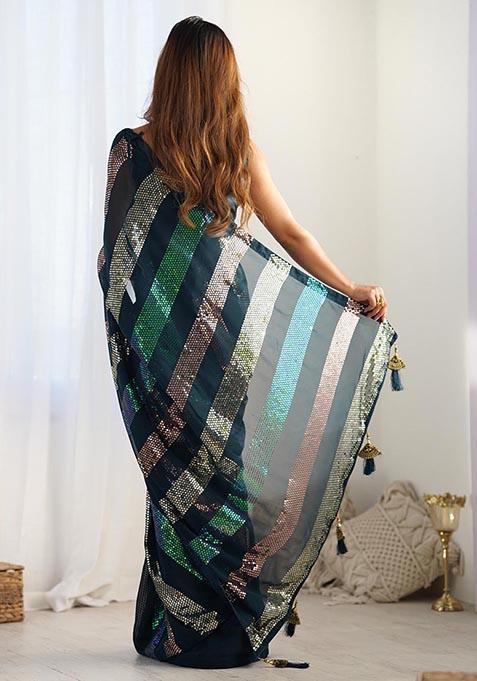 Teal Blue Sequin Embroidered Georgette Saree Set