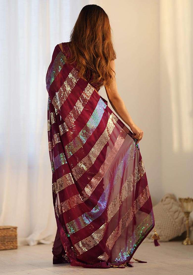 Maroon Sequin Embroidered Georgette Saree Set - Indya