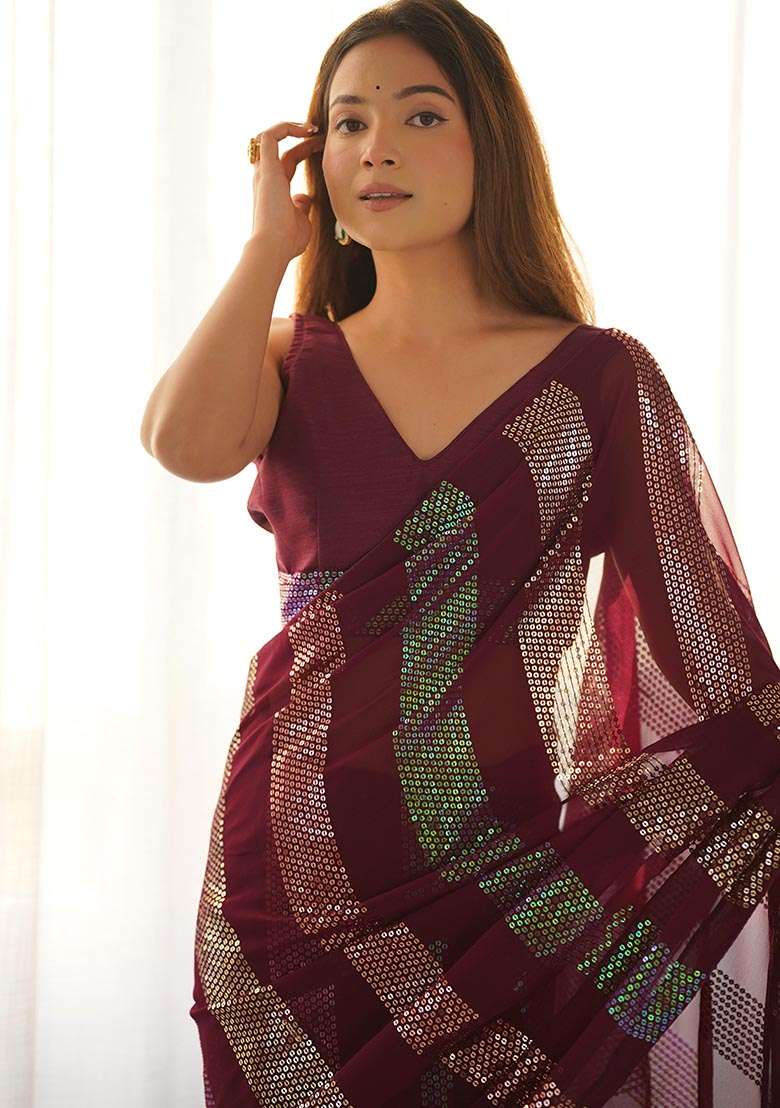 Maroon Sequin Embroidered Georgette Saree Set - Indya
