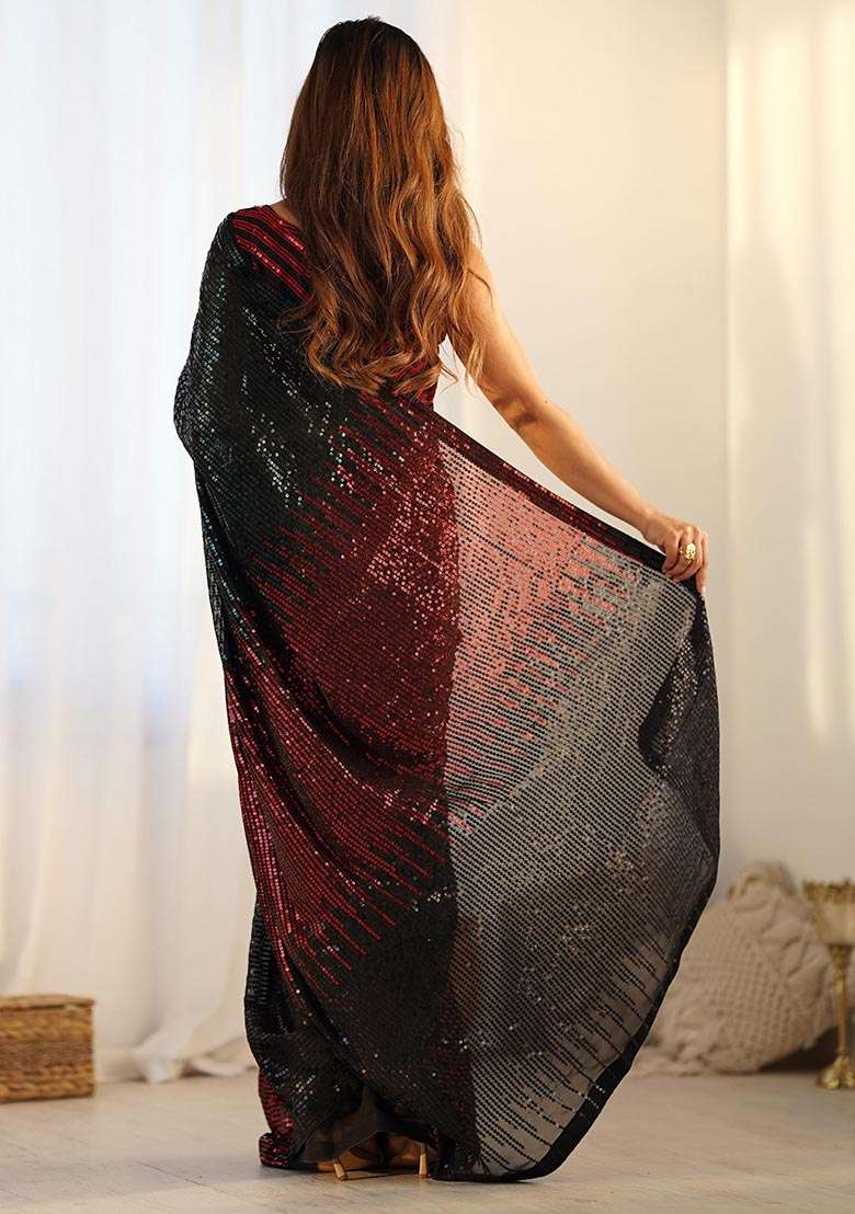 Black Sequin Embroidered Georgette Saree Set - Indya