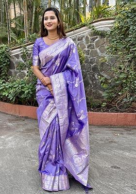Purple Zari Woven Banarasi Silk Saree Set
