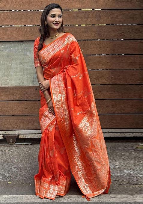 Orange Zari Woven Banarasi Silk Saree Set