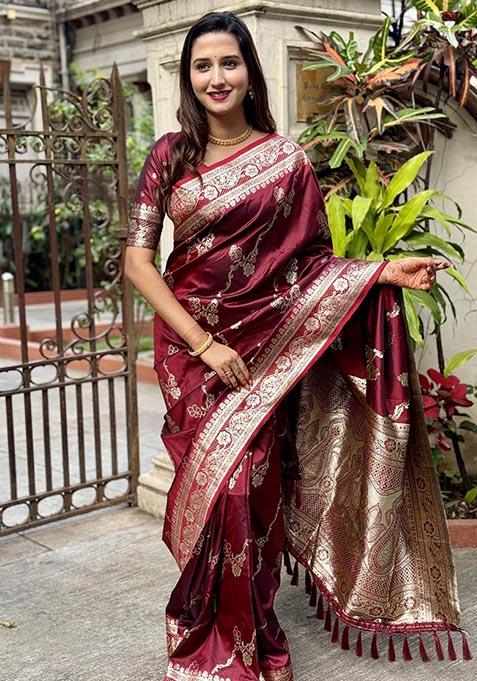 Maroon Zari Woven Banarasi Silk Saree Set