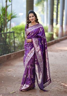 Violet Zari Woven Banarasi Silk Saree Set