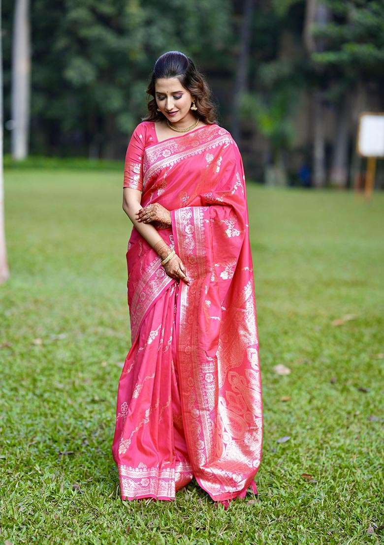 Pink Zari Woven Banarasi Silk Saree Set - Indya