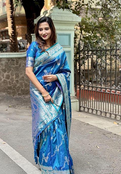 Sky Blue Zari Woven Banarasi Silk Saree Set