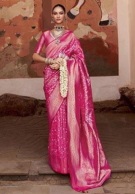 Pink Zari Woven Banarasi Silk Saree Set