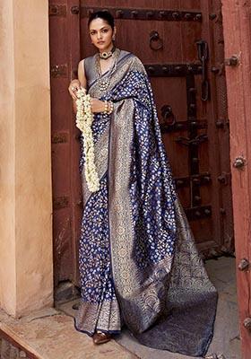 Blue Zari Woven Banarasi Silk Saree Set