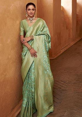 Sea Green Zari Woven Banarasi Silk Saree Set