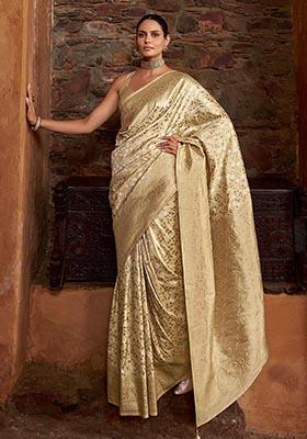 Beige Zari Woven Banarasi Silk Saree Set