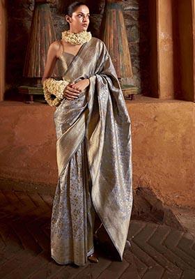 Grey Zari Woven Banarasi Silk Saree Set