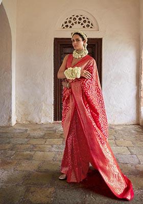 Red Zari Woven Banarasi Silk Saree Set