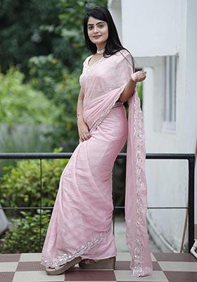 Pink Sequin Embroidered Chiffon Saree Set