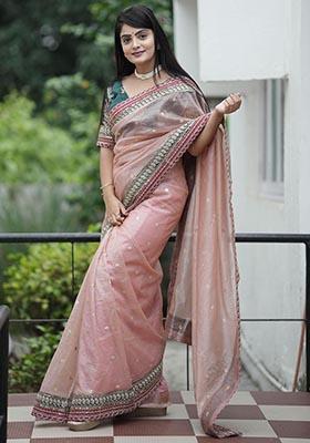Pink Sequin Embroidered Banarasi Silk Saree Set
