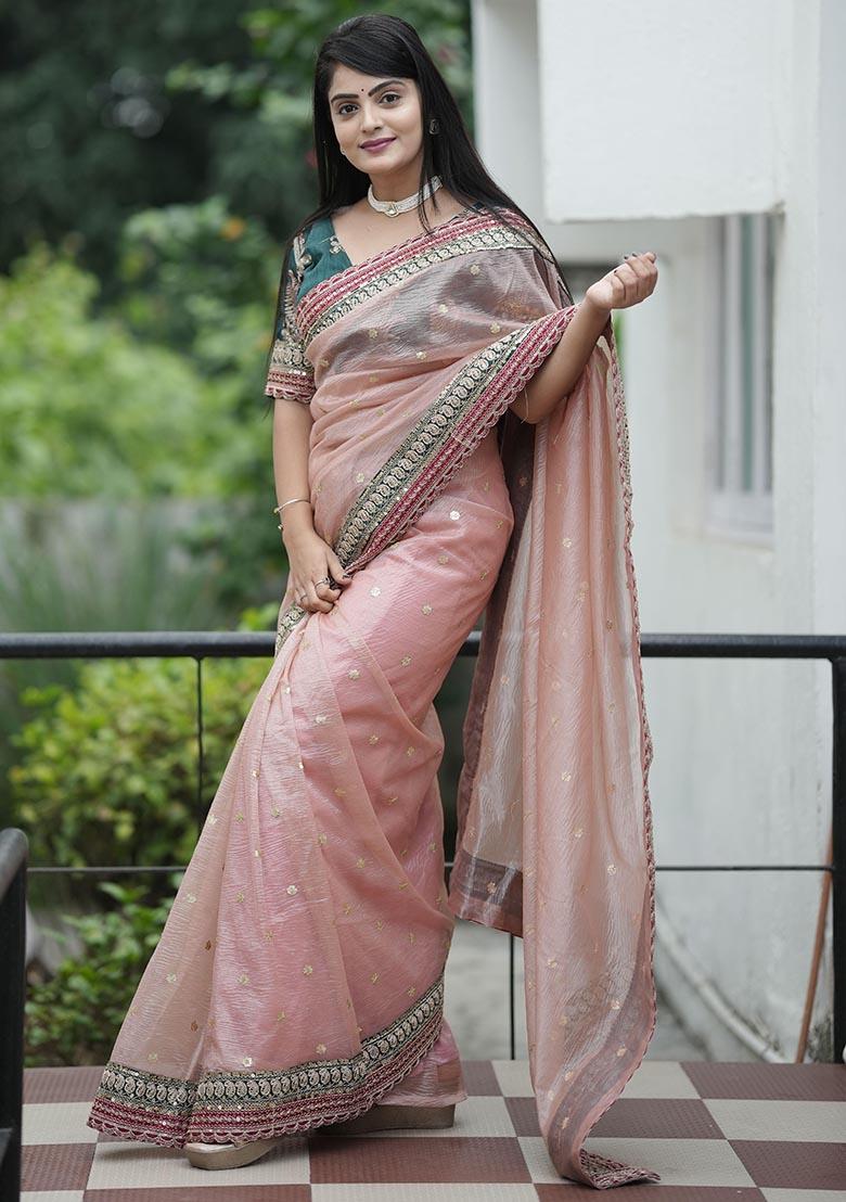 Pink Sequin Embroidered Banarasi Silk Saree Set