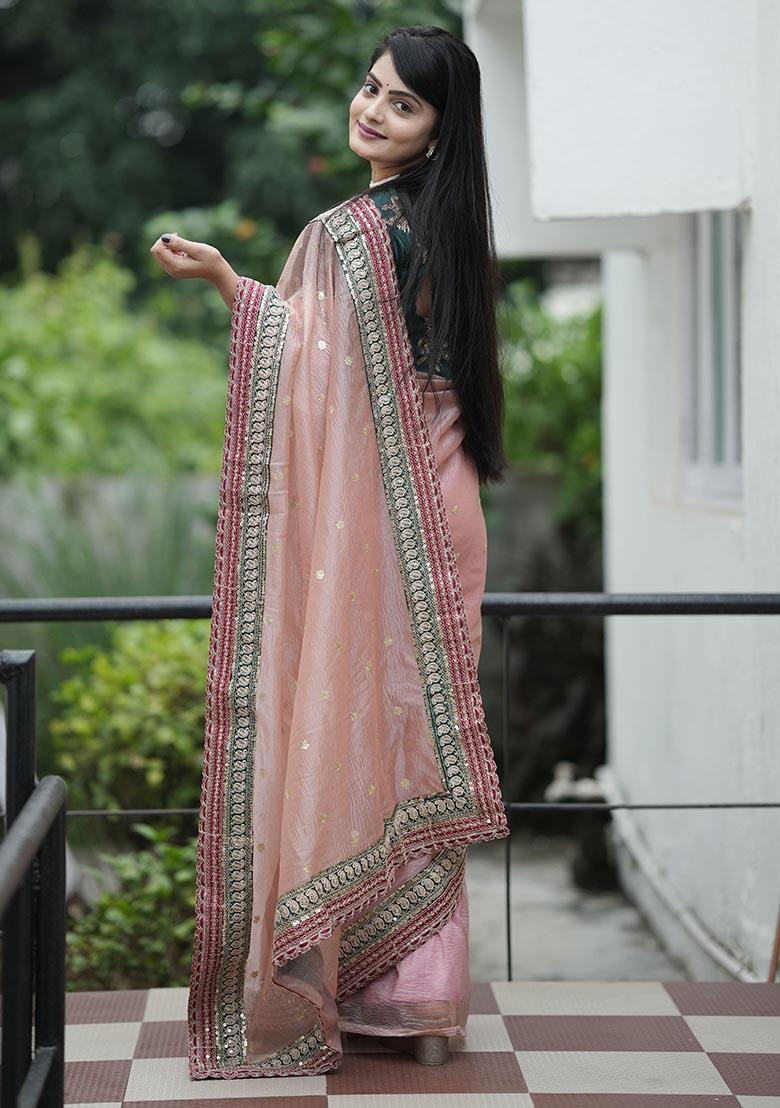 Pink Sequin Embroidered Banarasi Silk Saree Set