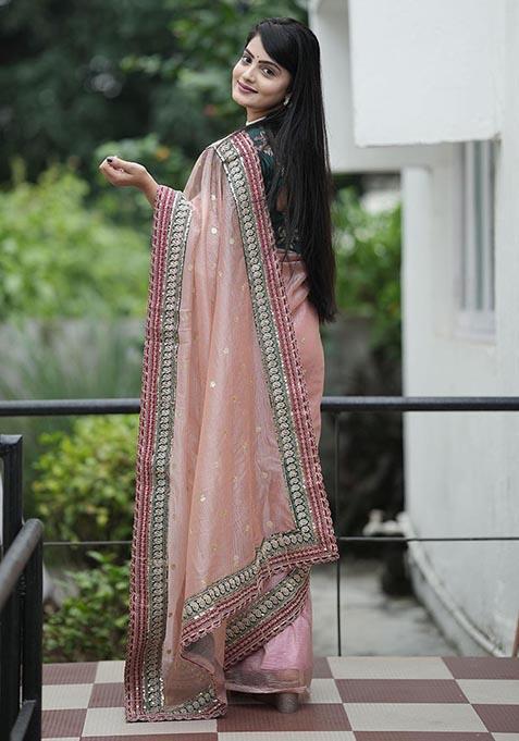 Pink Sequin Embroidered Banarasi Silk Saree Set