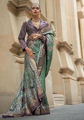 Green Printed Zari Woven Silk Saree Set