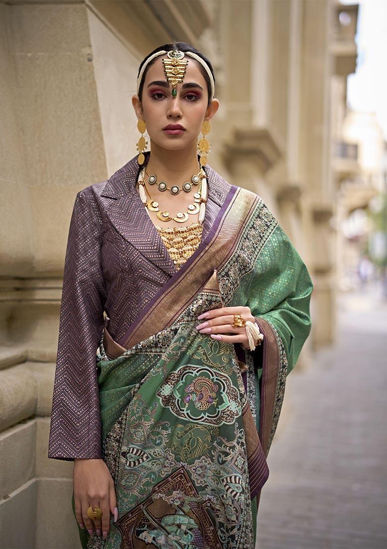 Green Printed Zari Woven Silk Saree Set