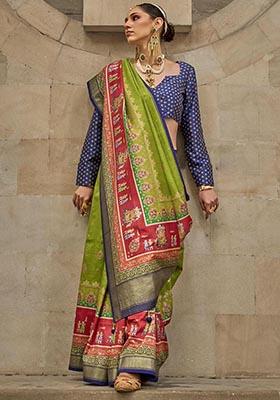 Green Printed Zari Woven Silk Saree Set