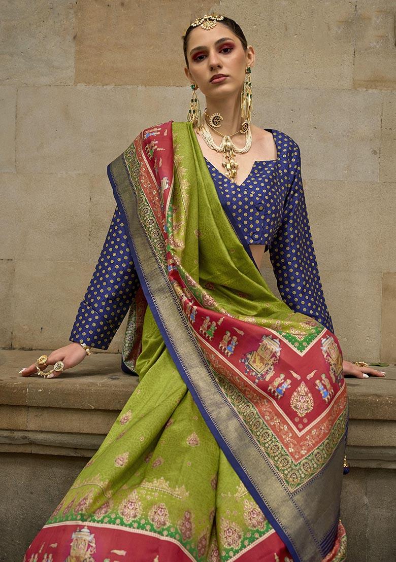 Green Printed Zari Woven Silk Saree Set