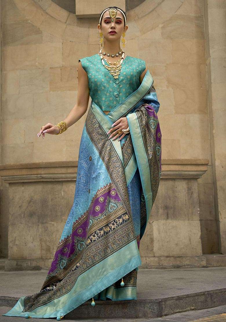 Blue Printed Zari Woven Silk Saree Set - Indya