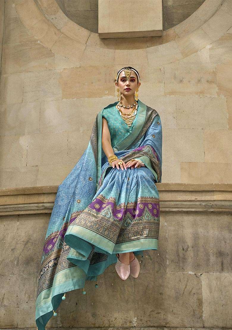 Blue Printed Zari Woven Silk Saree Set - Indya