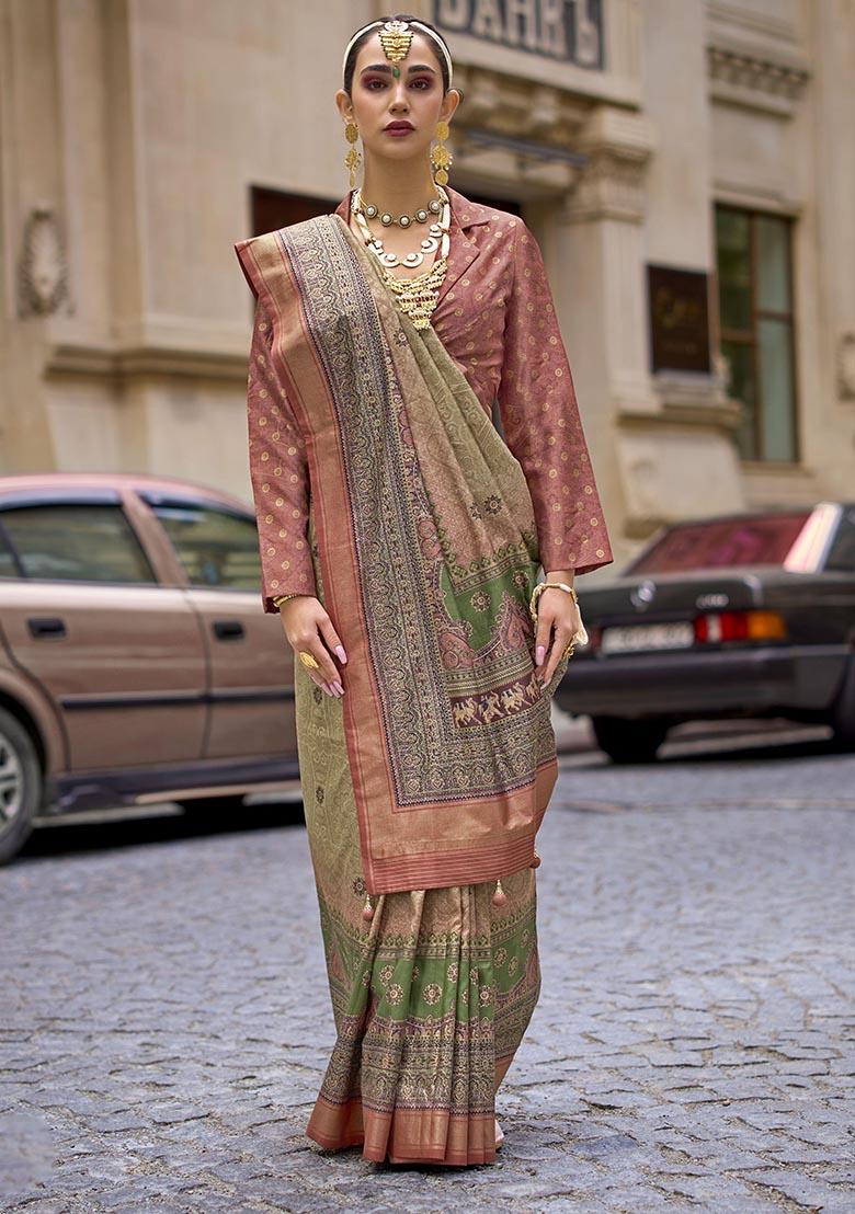 Beige Printed Zari Woven Silk Saree Set