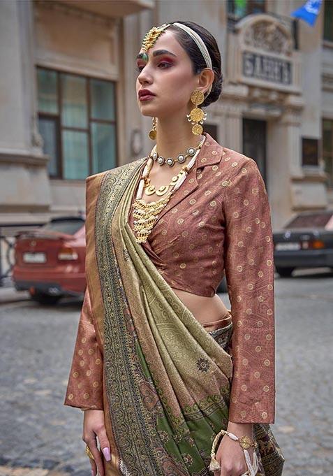 Beige Printed Zari Woven Silk Saree Set