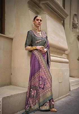 Purple Printed Zari Woven Silk Saree Set